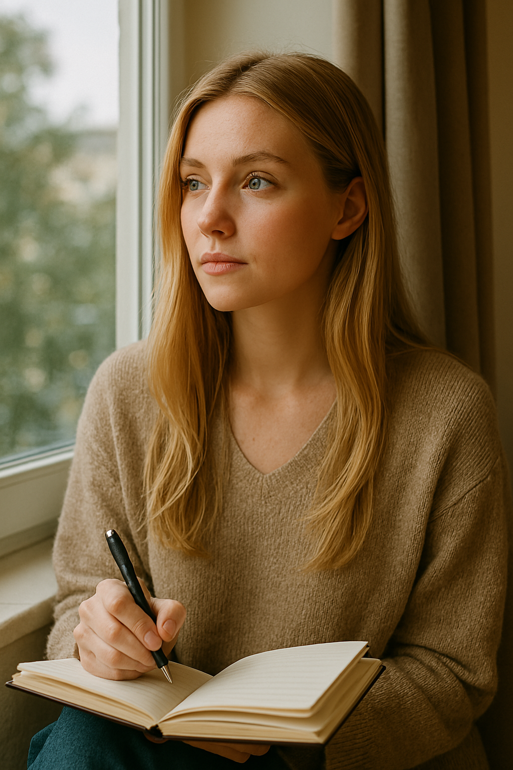 Introverted woman reflecting on her thoughts and needs.