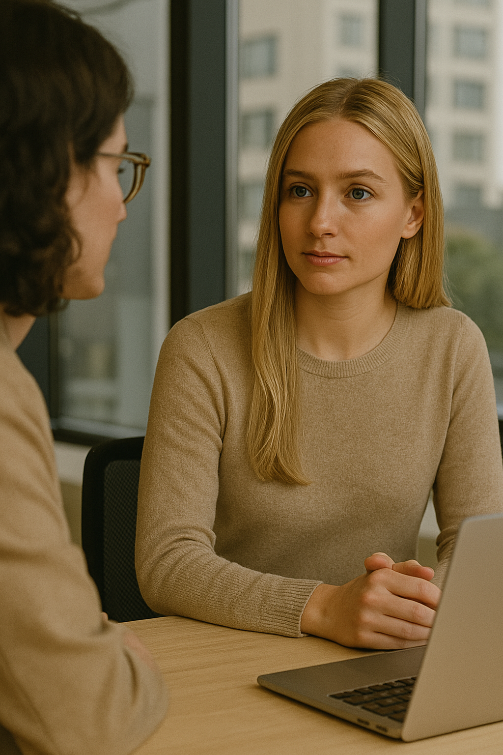 Effective communication strategies quiet female uses at work during a 1:1 meeting.