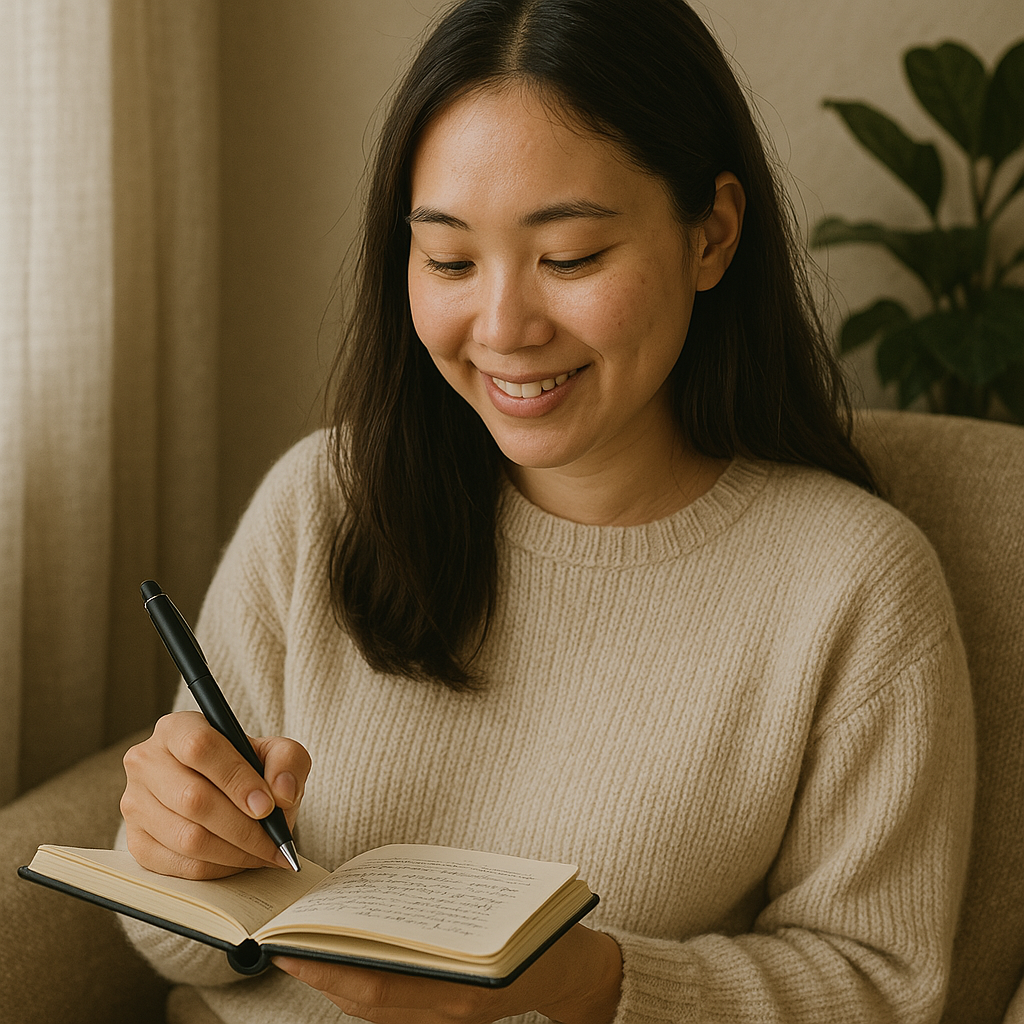 Introverted woman journaling to identify her personal boundaries and needs.