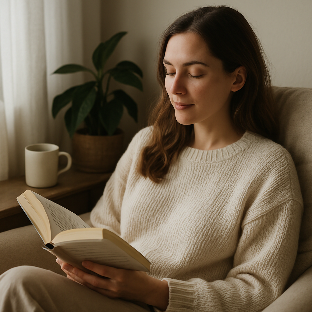 Introverted woman practicing self-care by setting boundaries peacefully.