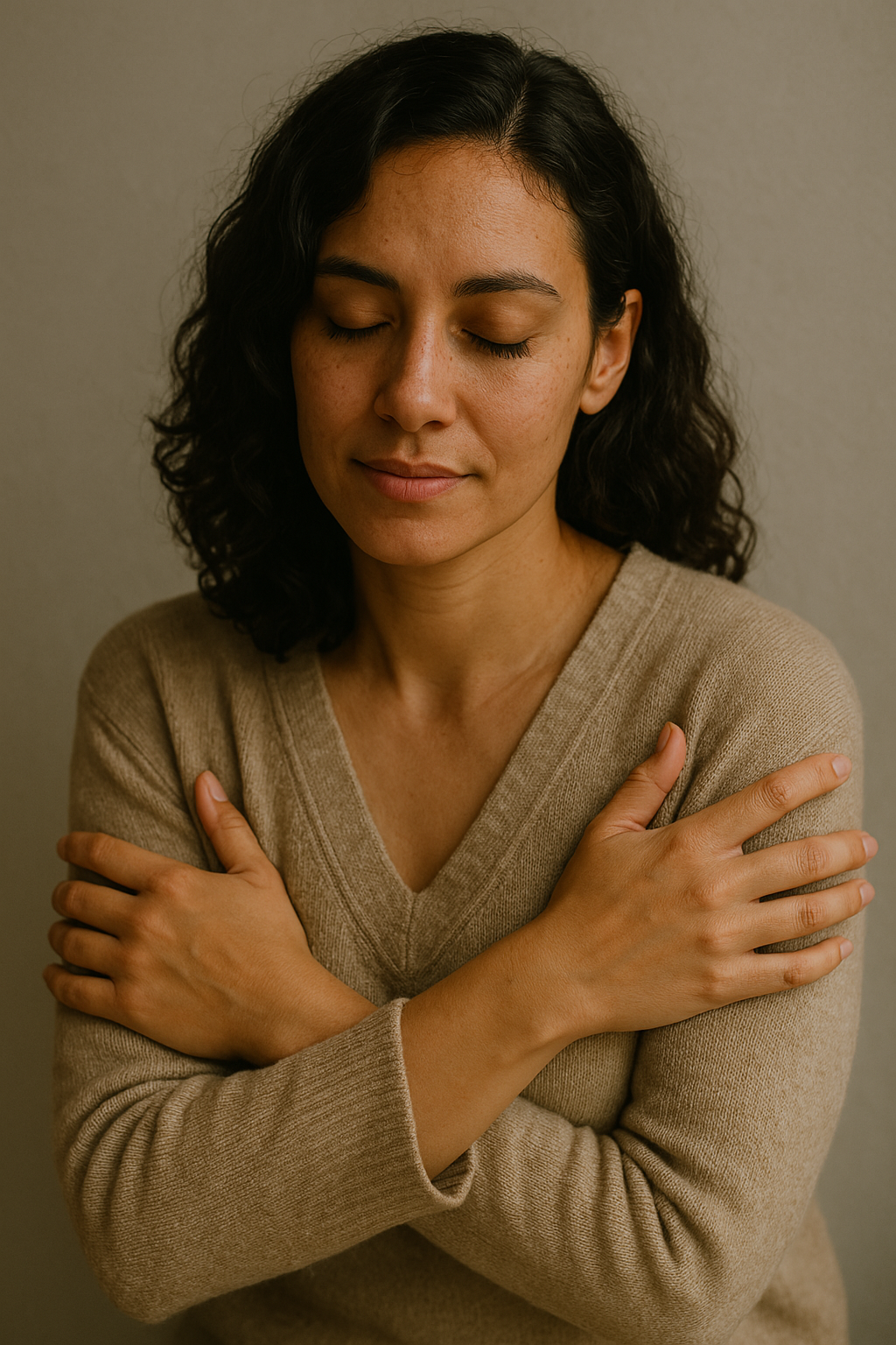 Introverted woman practicing self-compassion, a key part of building quiet confidence techniques woman-focused.
